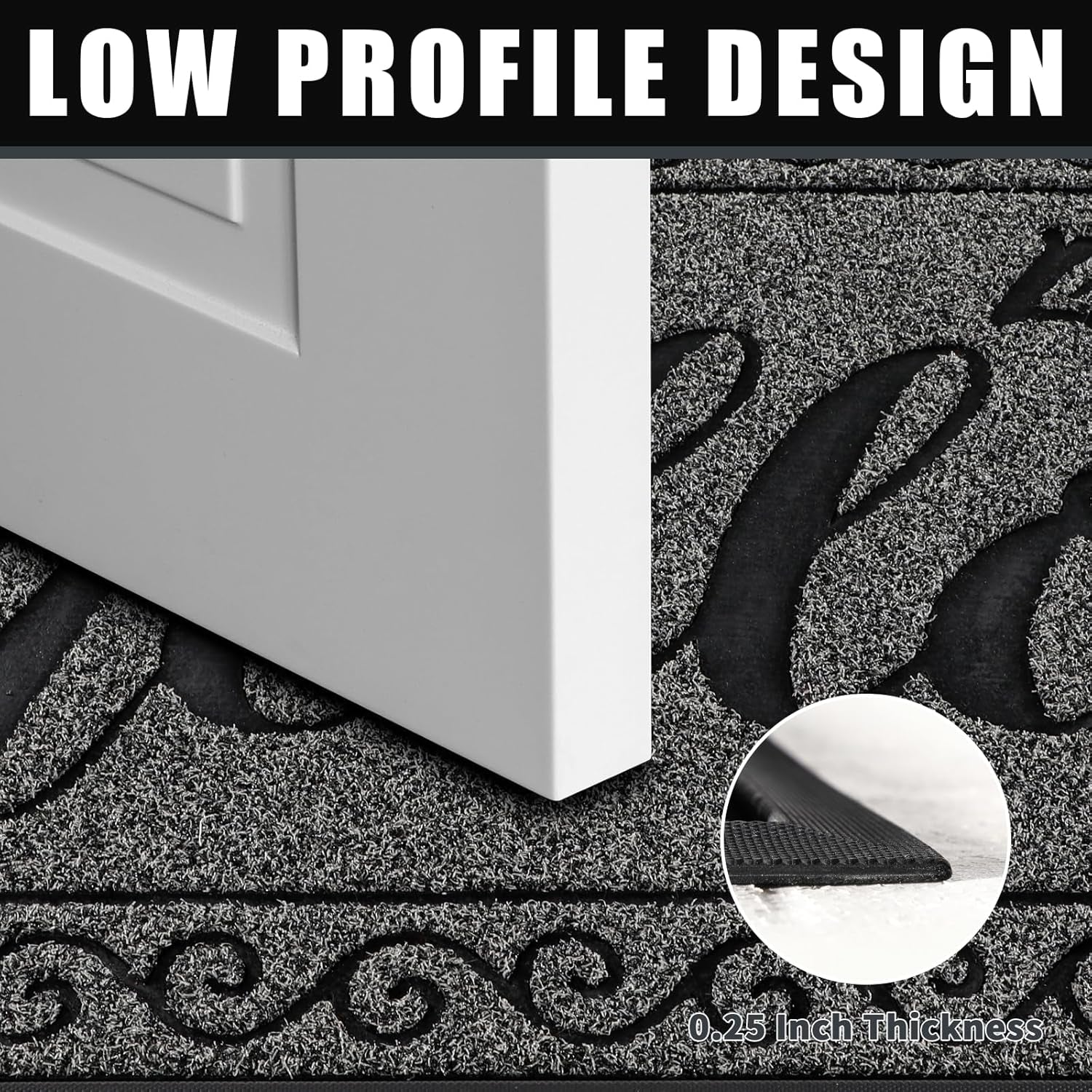 Hello Door Mat Outdoor Indoor, 100% Waterproof All-Season Welcome Mat, Washable Heavy Duty Front Door Mat, Stain and Fade Resistant, Low Profile, Easy Clean, 29.5 X 17, Black Gray