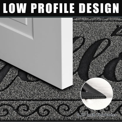 Hello Door Mat Outdoor Indoor, 100% Waterproof All-Season Welcome Mat, Washable Heavy Duty Front Door Mat, Stain and Fade Resistant, Low Profile, Easy Clean, 29.5 X 17, Black Gray