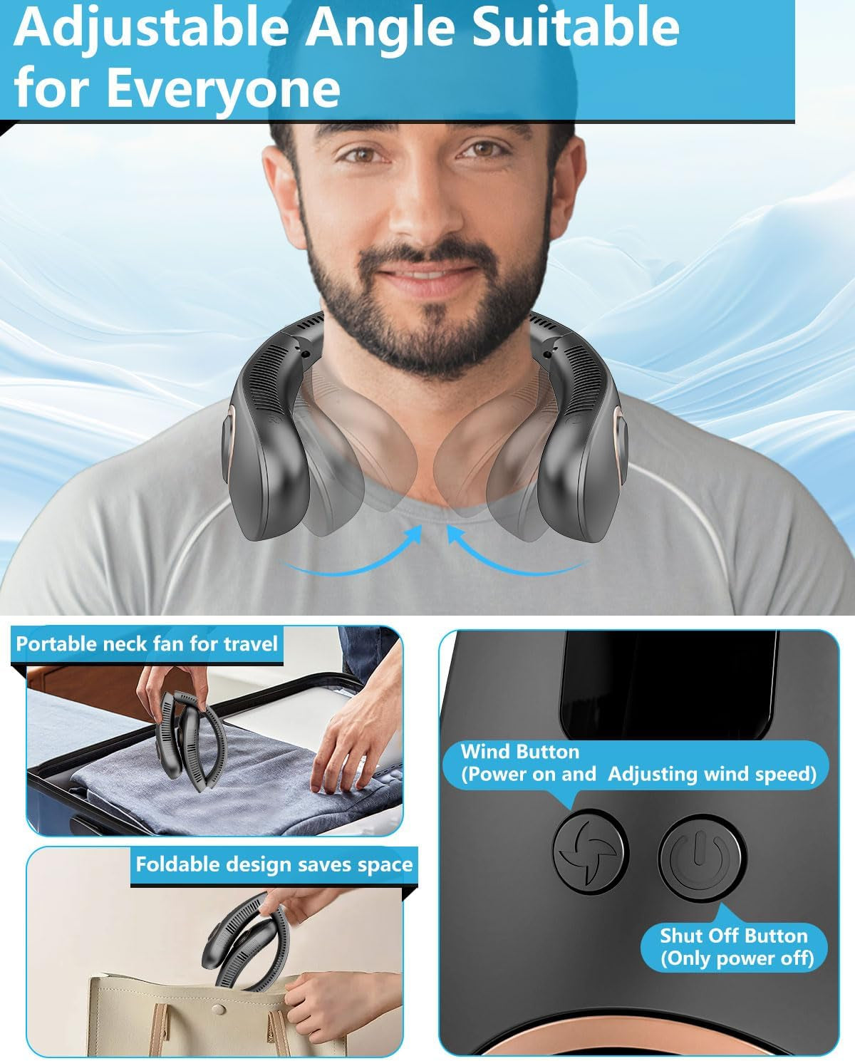 Neck Fan Rechargeable,Portable Neck Fan That Blow Cold Air Battery Operated,Folding Personal Fans Neck Hands Free,Bladeless Cooling Neck Fans Electric Wearable Necklace Fan for Travel Airplane Black