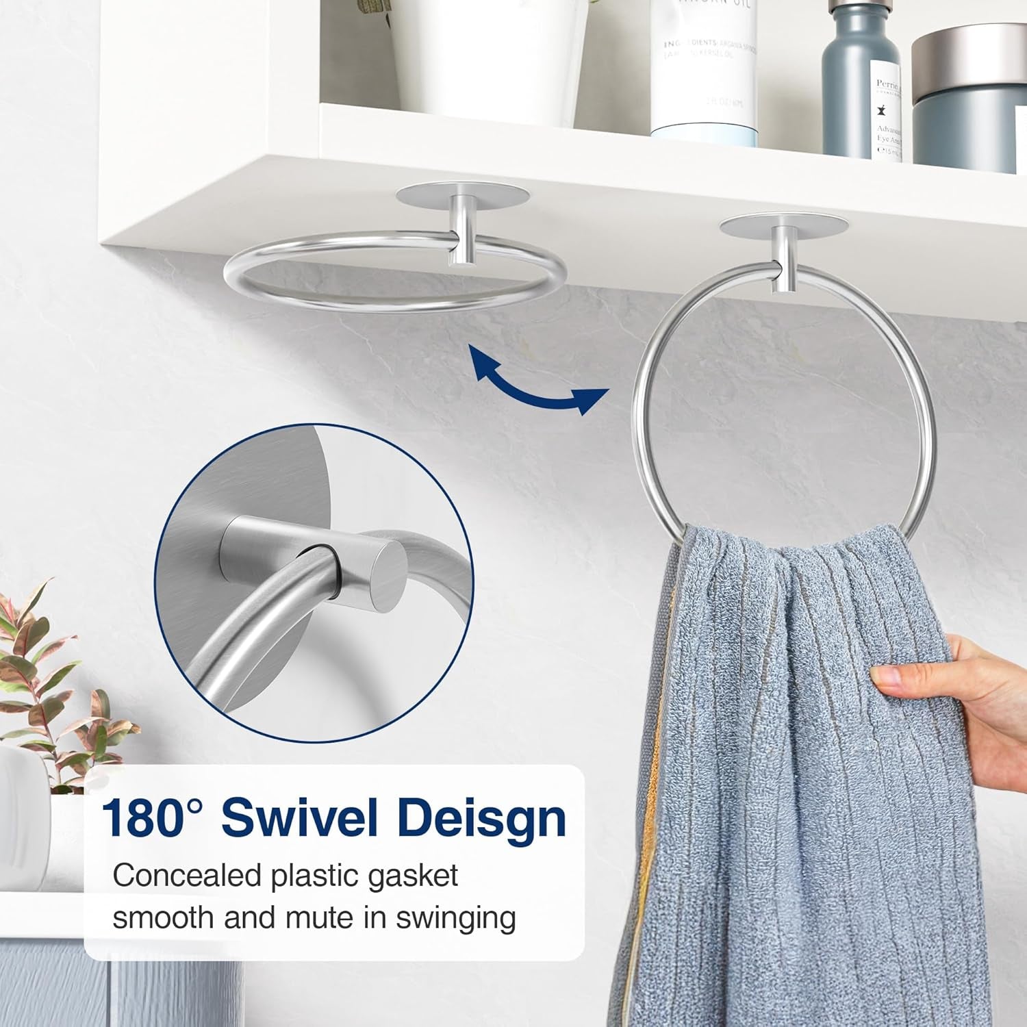 Nickel Brushed Bathroom Towel Ring - SUS304 Stainless Steel Bathroom Towel Rack,  Adhesive Wall Mounted Hand Towels Holder, Towel Hanger for Bathroom Organizer, Kitchen Storage