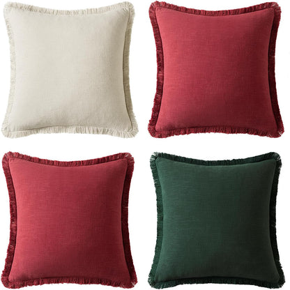 Linen Pillow Covers 18X18 Inch Decorative Throw Pillows with Fringe Pack of 4 Soft Farmhouse Boho Couch Pillows Home Decors for Sofa Cushion Living Room Bed Dark Green and Burgundy