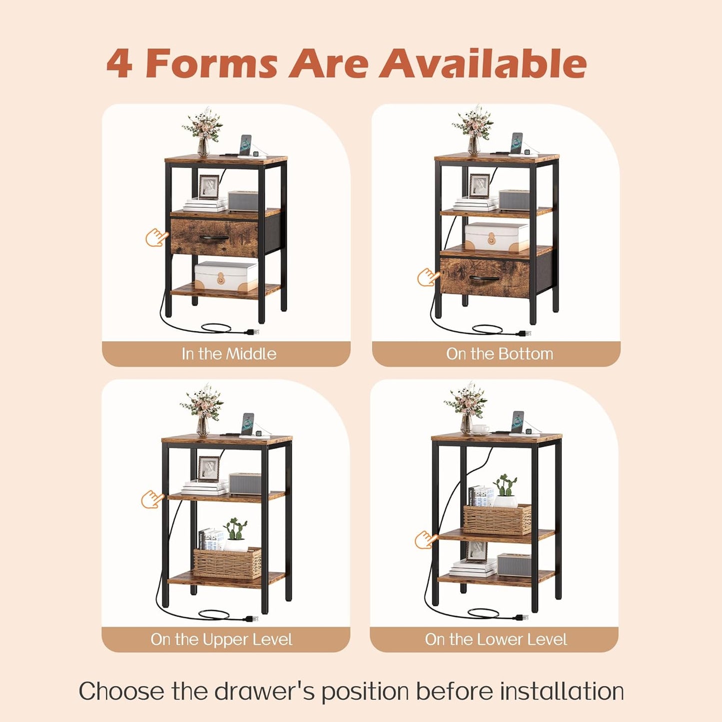 Rustic Brown Nightstand with Integrated Charging Station and Adjustable Fabric Drawer, 3-Tier Storage End Table for Bedroom and Living Room