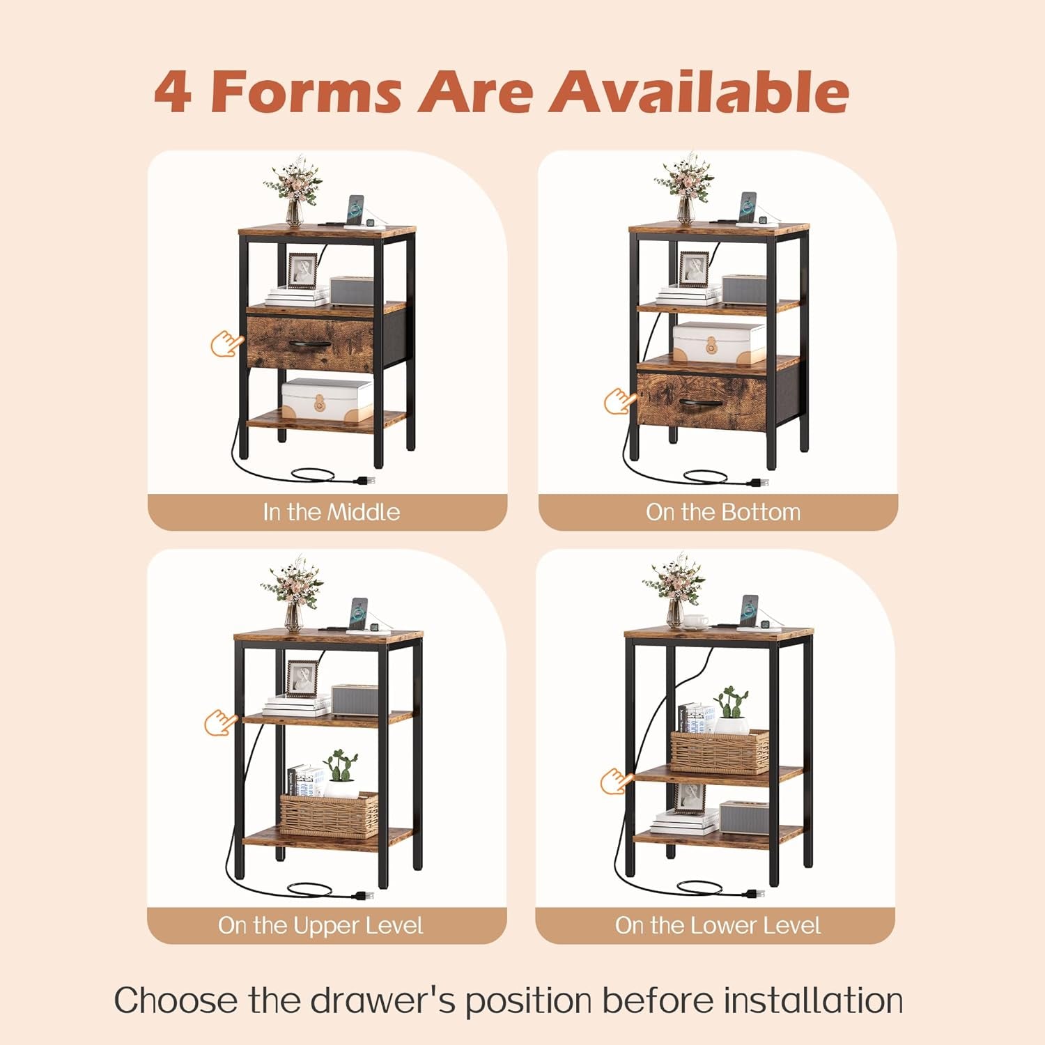 Rustic Brown Nightstand with Integrated Charging Station and Adjustable Fabric Drawer, 3-Tier Storage End Table for Bedroom and Living Room