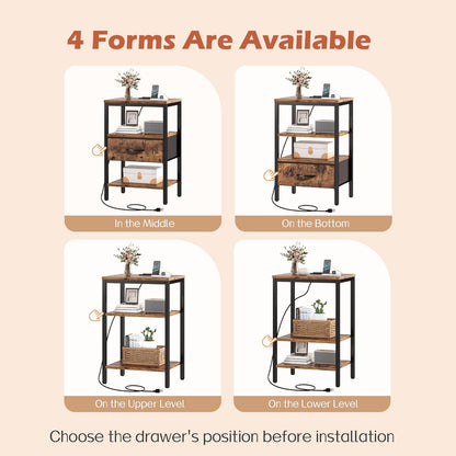 Rustic Brown Nightstand with Integrated Charging Station and Adjustable Fabric Drawer, 3-Tier Storage End Table for Bedroom and Living Room