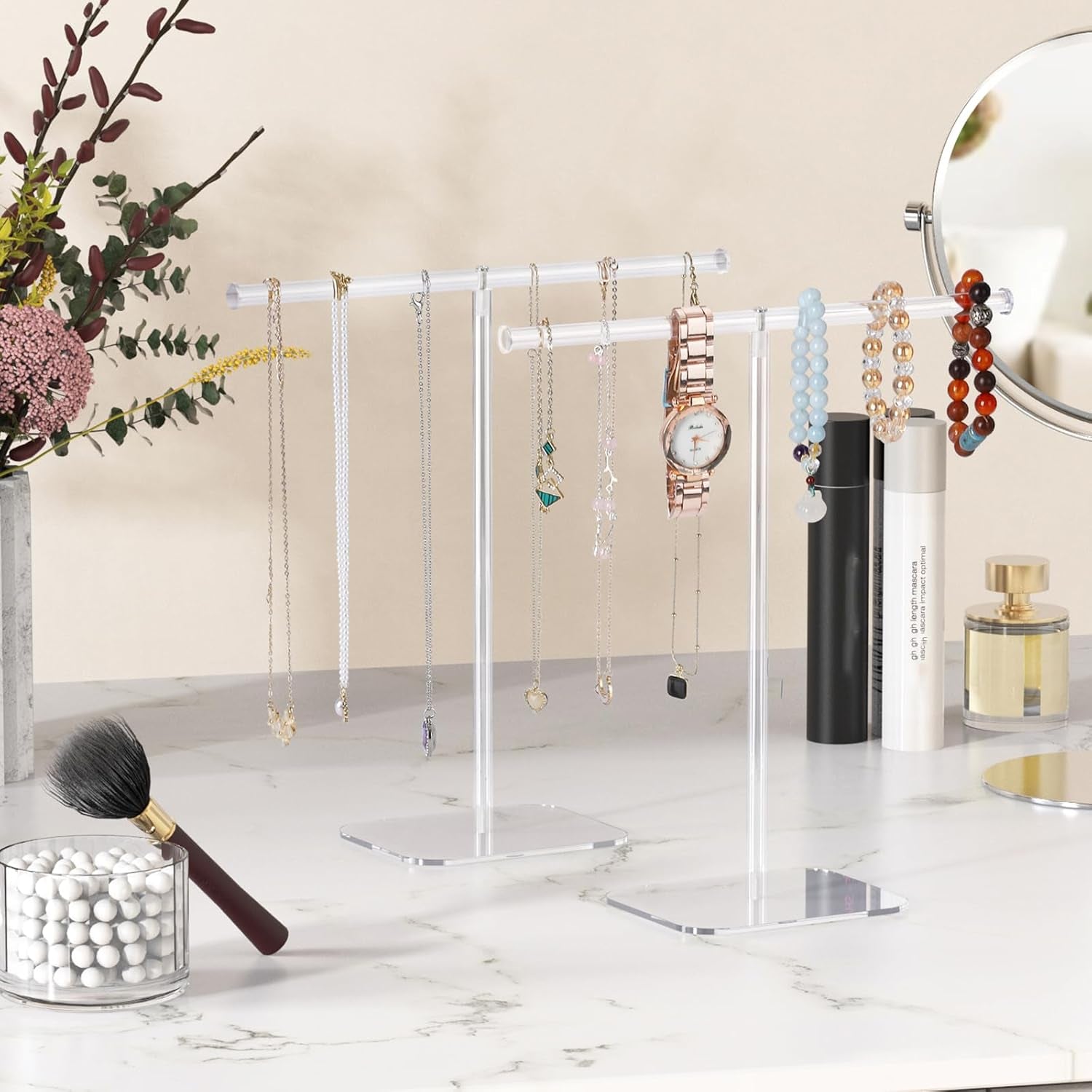 Jewelry Stand Necklace Stand 2 Tower, Clear Necklace Holder Jewelry Holder, Acrylic Jewelry Organizer, Bracelet Hanging Organizer, Display Stand for Bangles, Rings, Earrings and Watch