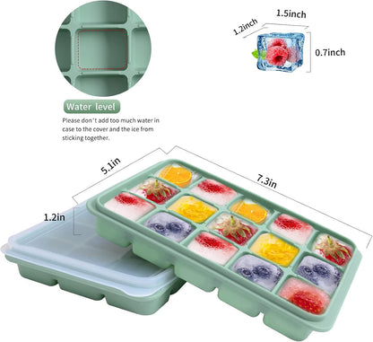 Ice Cube Trays Set of 2, Easy Release 15 Flexible Silicone Ice Cube Molds with Removable Lid Reusable Freezer Ice Trays Stackable for Whiskey, Baby Food, BPA Free (BAMBOO GREEN)