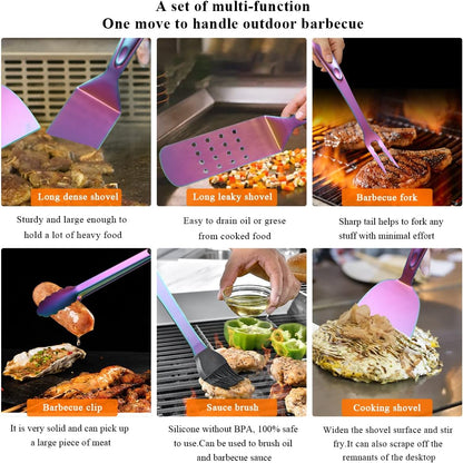 Premium 10-Piece Rainbow Grill Accessories Kit with Utensils Holder, Featuring Stainless Steel Handles and Heat-Resistant Bakelite Components