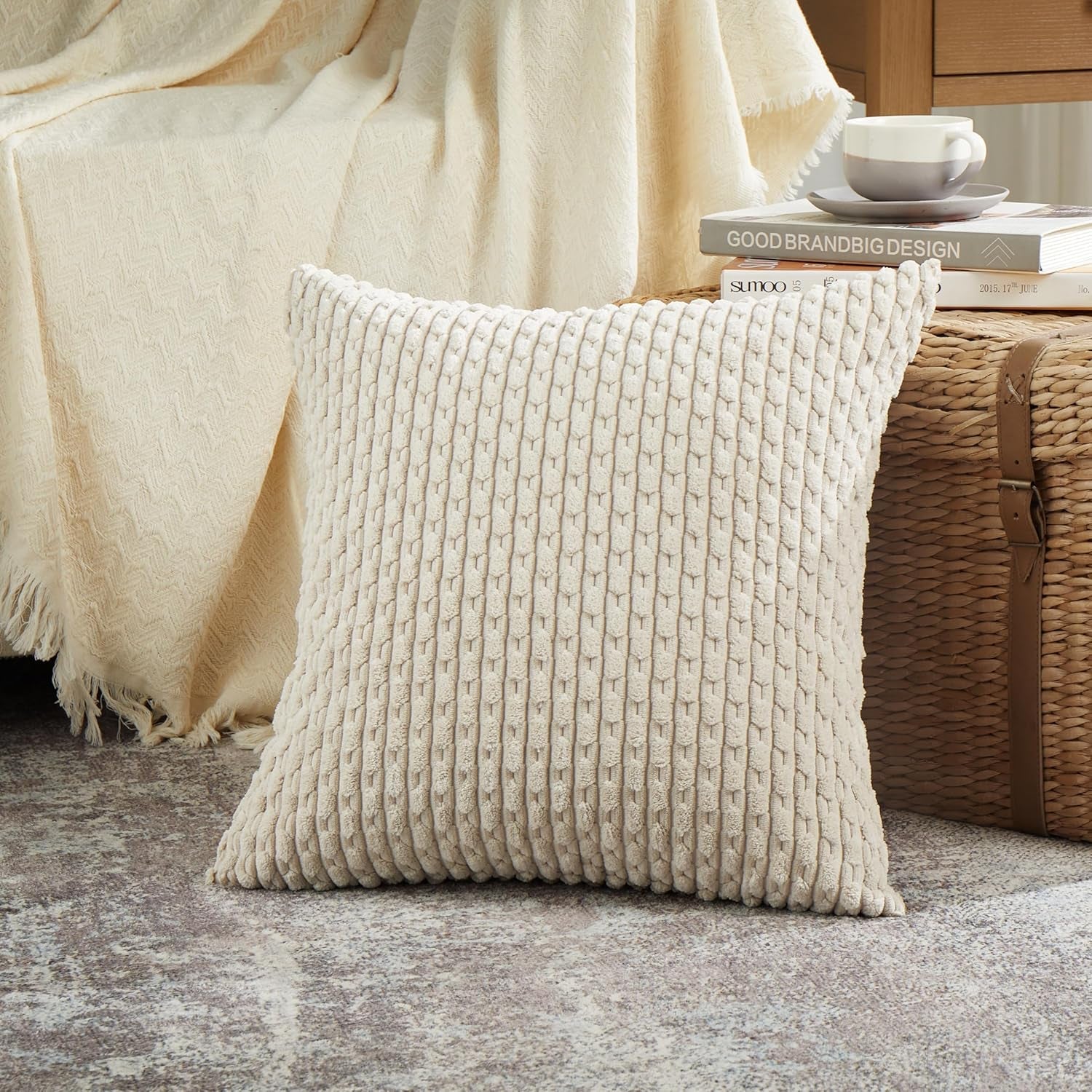 Set of 4 Neutral Decorative Throw Pillow Covers 18X18 Inch for Couch Bed Sofa Bedroom, Modern Farmhouse Boho Home Decor, Soft Fluffy Textured Corduroy Aesthetic Organic Cushion Case 45X45Cm