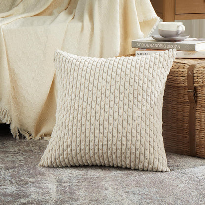 Set of 4 Neutral Decorative Throw Pillow Covers 18X18 Inch for Couch Bed Sofa Bedroom, Modern Farmhouse Boho Home Decor, Soft Fluffy Textured Corduroy Aesthetic Organic Cushion Case 45X45Cm