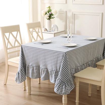 Dust Blue and White Plaid Cotton Ruffled Rectangular Tablecloth, 120 x 60 Inches, Vintage Cottage Style