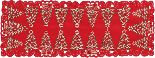 Red Christmas Table Runner 13X36 Inches Long, Embroidered Cutwork Christmas Table Runner with Green Christmas Tree and Gifts, Xmas Tree Dresser Scarf Winter Holiday Parties Kitchen Dinner