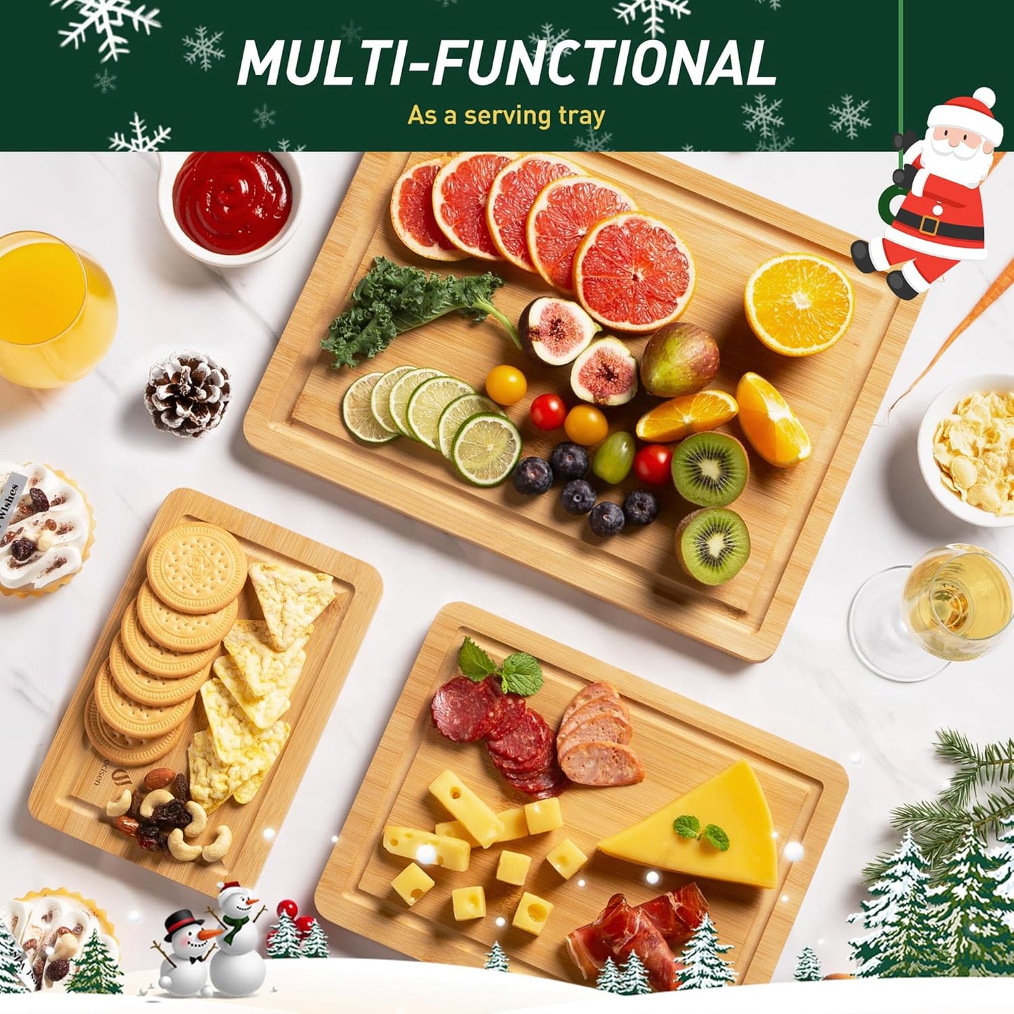 Bamboo Cutting Board Set Non Slip Feet Wood Cutting Boards for Kitchen with Juice Grooves & Built-In Handles, Ideal Charcuterie & Chopping for Meat, Vegetables and Fruits Kitchen Gift for Home Cooks