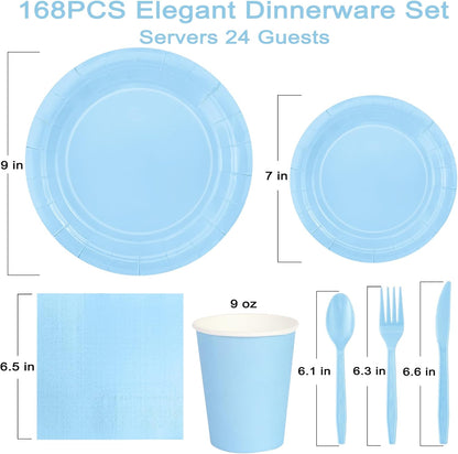 168PCS Light Blue Paper Plates and Napkins, Blue Disposable Plates Set for Baby Shower Gender Reveal Birthday Party Supplies Serve 24 Guests