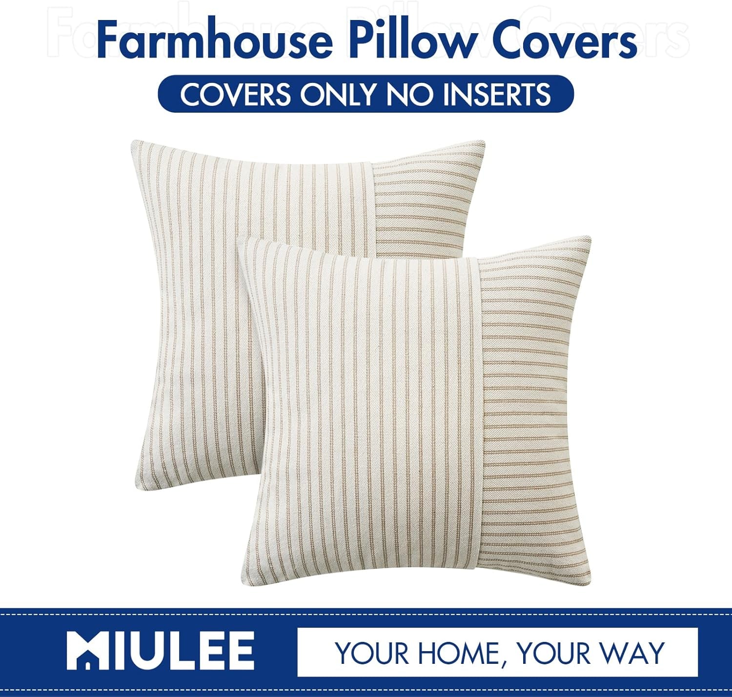 Khaki and Beige Patchwork Farmhouse Pillow Covers 18X18 Inch, Pack of 2 Striped Linen Decorative Modern Accent Pillow Cases for Sofa Couch Bedroom