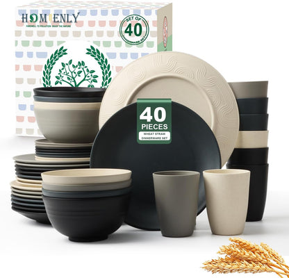 40-Piece Kitchen Wheat Straw Dinnerware Set - Includes Dinner Plates, Cereal Bowls, and Cups, Microwave and Dishwasher Safe, Unbreakable for Parties and Outdoor Use (Grey Stone)