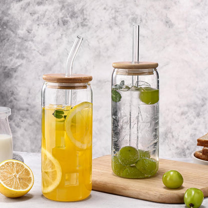 Glass Cups “20Oz”,Glass Cups with Lids and Straws 4 Pcs-Coffee Cups,Drinking Glasses Set,Glass Tumbler with Straw and Lid Gift 2 Cleaning Brushes