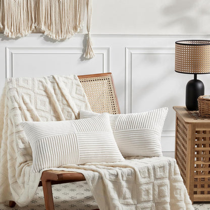 Cream White Lumbar Decorative Throw Pillow Covers 12X20 Inch for Living Room Couch Bed Sofa, Rustic Farmhouse Boho Home Decor, Soft Striped Corduroy Rectangle Accent Cushion Case 30X50 Cm