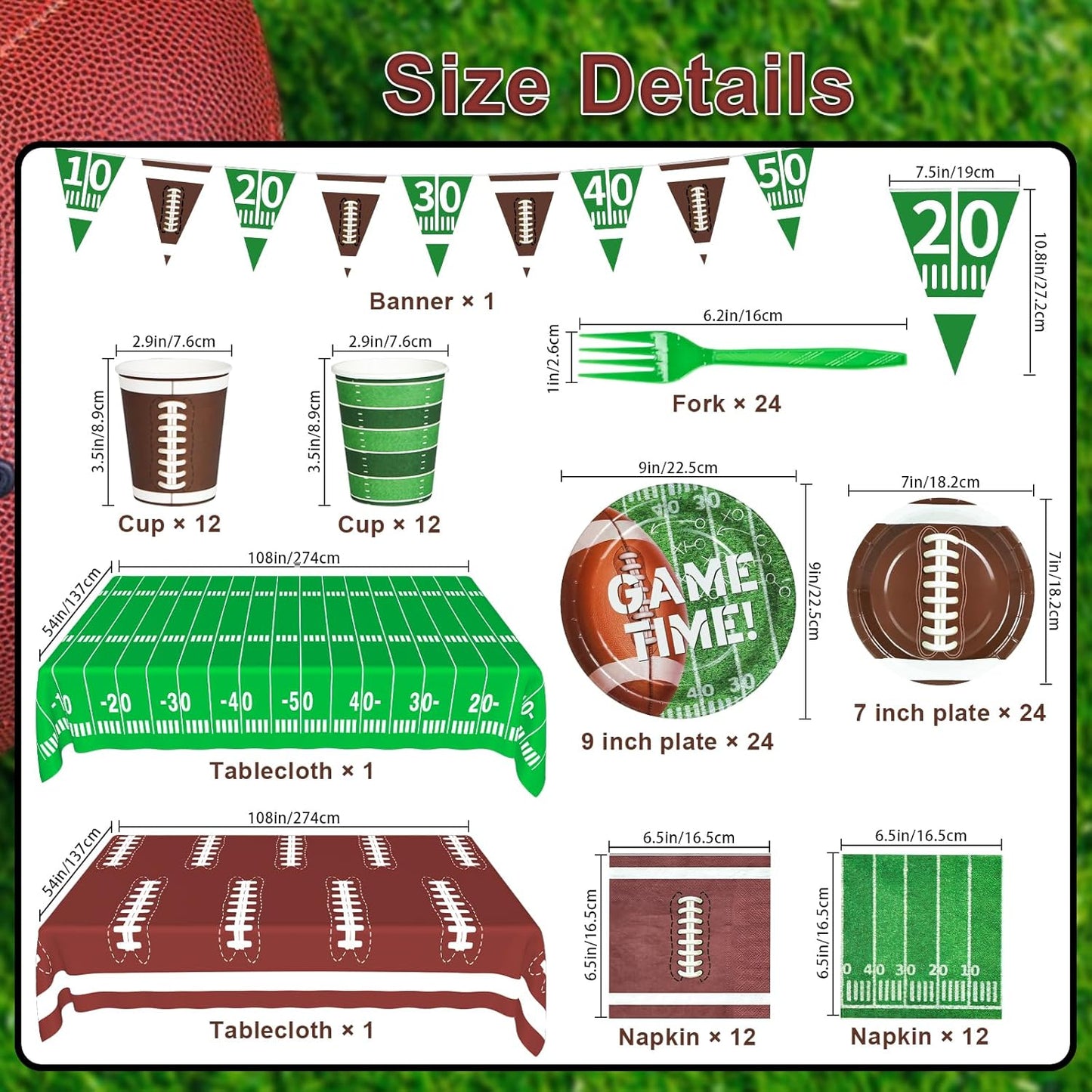 Football Party Supplies, Football Party Decorations 2025 Kit for 24 Guests, Includes Plates, Napkins, Cups, Banner and Tablecloth