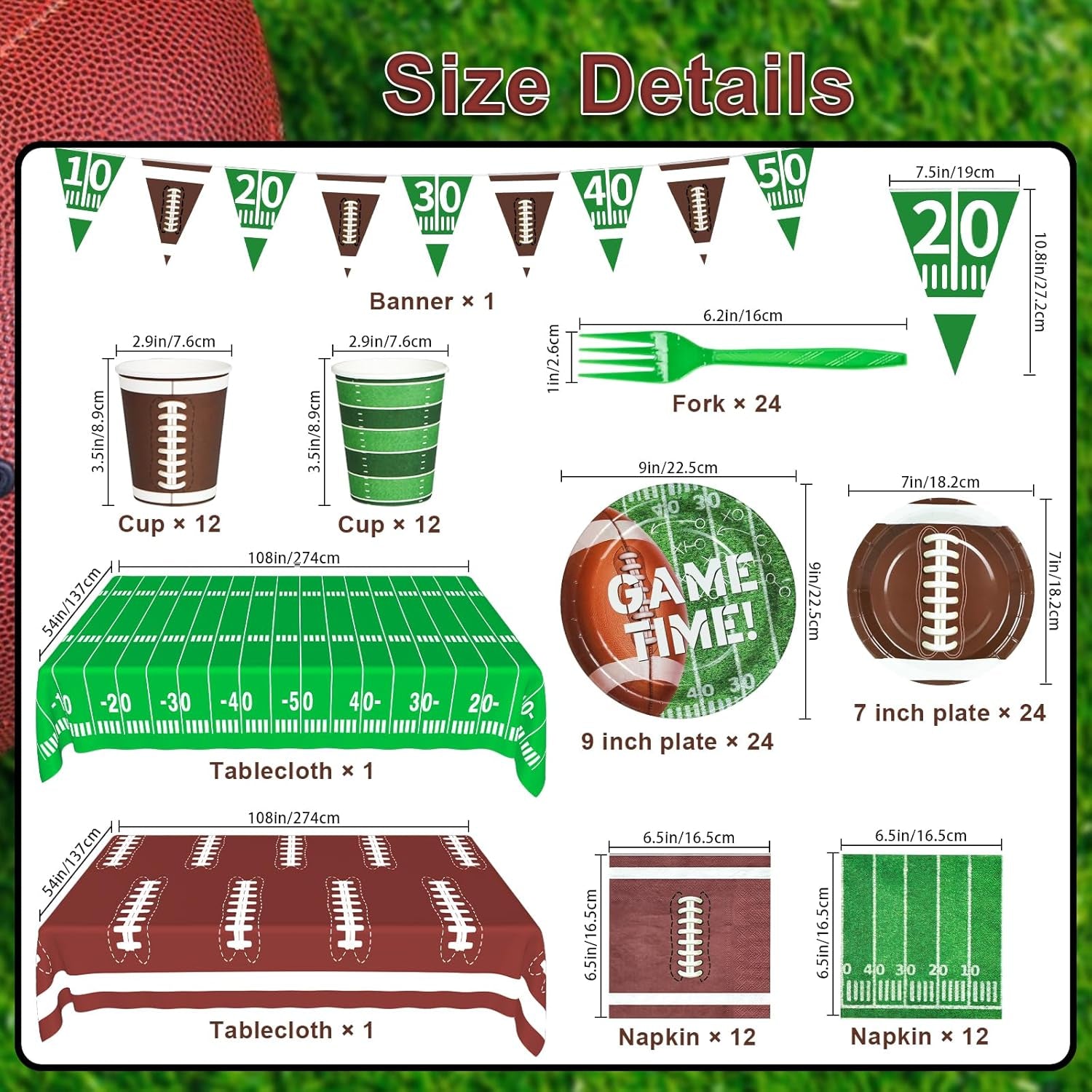 Football Party Supplies, Football Party Decorations 2025 Kit for 24 Guests, Includes Plates, Napkins, Cups, Banner and Tablecloth