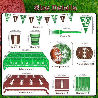Football Party Supplies, Football Party Decorations 2025 Kit for 24 Guests, Includes Plates, Napkins, Cups, Banner and Tablecloth