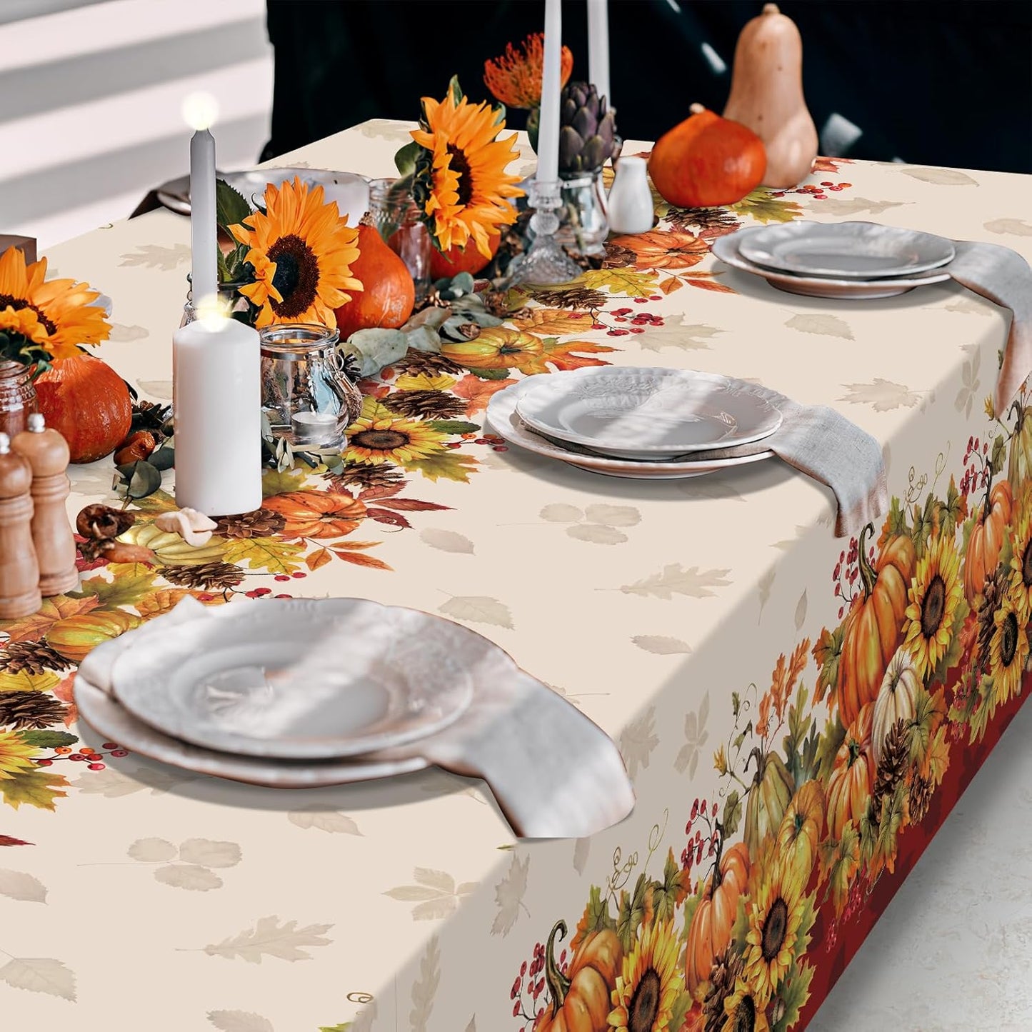 3 Pack 108X54 Inch Fall Tablecloths, Sunflower Pumpkin Tablecloth,Plastic Disposable Rectangle Table Cover for Autumn Harvest Thanksgiving Halloween Party Decorations