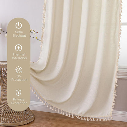 Beige Bohemian Curtains, 84-Inch Length, Set of 2 Panels, Soft Semi-Sheer Light Filtering Drapes with Tassels for Bedroom and Living Room (Rod Pocket, 52"W x 84"L)