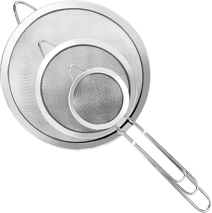 3Pcs Super Wire Extra Fine Mesh Strainer with Handle, Small Medium Large Size Sifter Metal Strainer Set, Stainless Steel Sieve Fine Mesh Strainers for Kitchen Rice Juice Quinoa Food Flour Baking