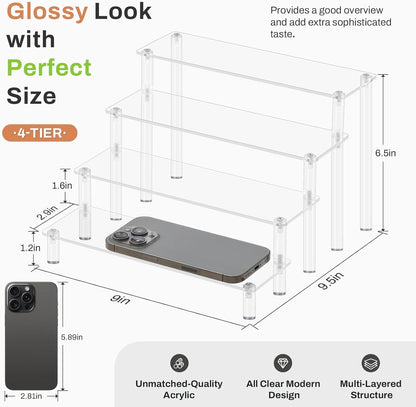 4 Tier Acrylic Display Risers, Clear Perfume Organizer Stand, Cupcake Food Stand Holder, Shelf Risers for POP Figures, Dessert Shelves for Party Table, Vanity Tray, Room Decorations and Organization