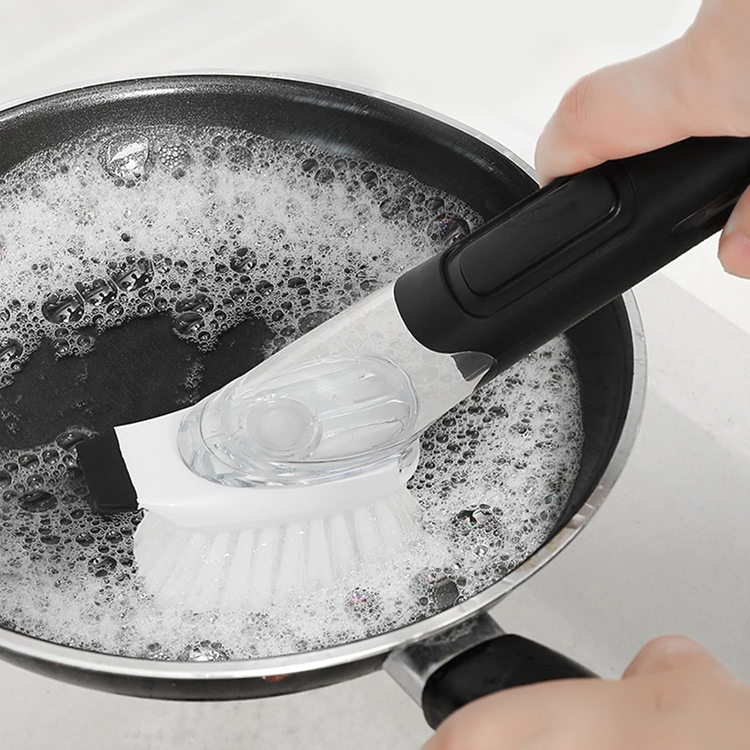 Dish Brush, Dish Cleaning Brush with Stainless Steel Handle and Replace Head Kitchen Dish Scrub Brush with Soap Dispenser for Pot Sink Pan Cleaning, Black
