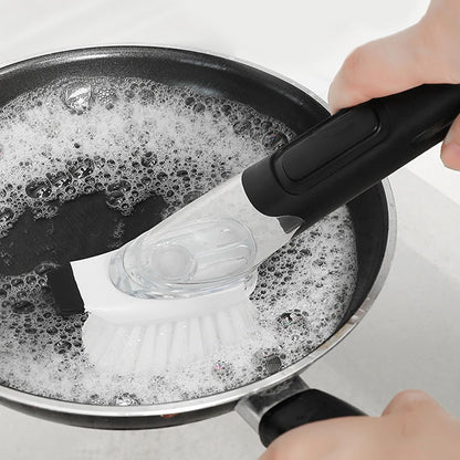 Dish Brush, Dish Cleaning Brush with Stainless Steel Handle and Replace Head Kitchen Dish Scrub Brush with Soap Dispenser for Pot Sink Pan Cleaning, Black