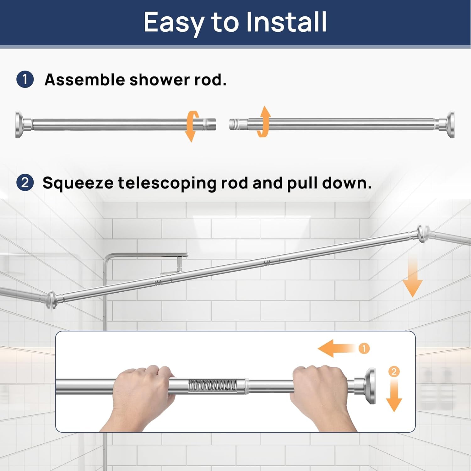 Shower Curtain Rod 33 to 72 Inches, 1 Inch Stainless Steel Adjustable Spring Tension Rods No Drill for Bathroom, Closet, Window, Room Divider, Never Rust, Non Slip, Chrome