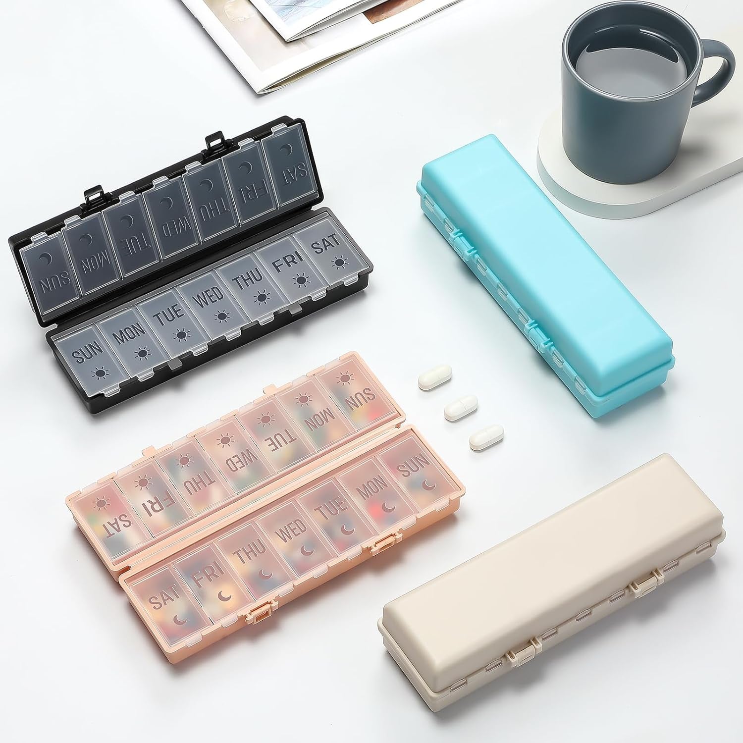 Foldable Pill Organizer 2 Times a Day W/Etched Labels -Dual Protection & Portable Weekly AM PM Pill Box, 7 Day Medicine Container, Large Travel Pill Case for Week Daily Supplement Vitamin - Khaki