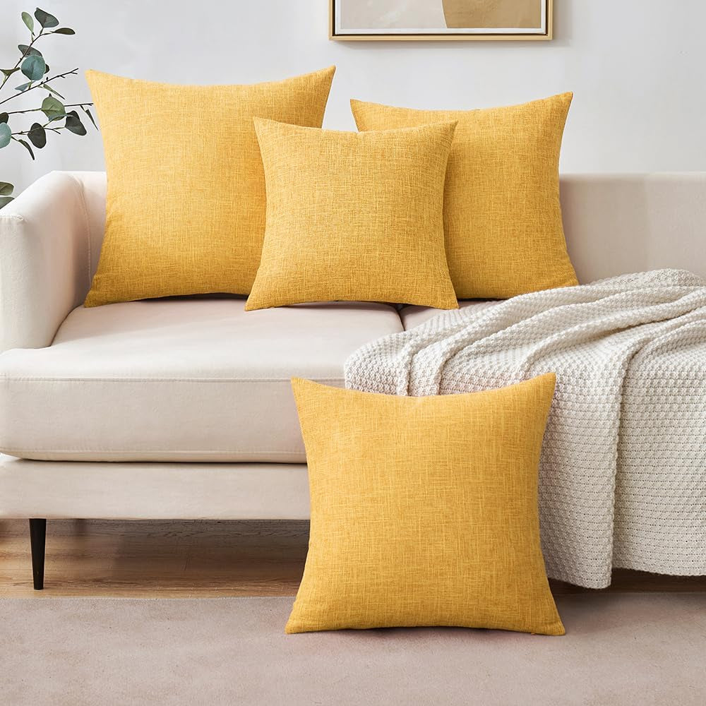 Pack of 2 Mustard Yellow Faux Linen Throw Pillow Covers Square Rustic Farmhouse Decorative Burlap Pillowcases Cushion Covers for Couch Bed Sofa Living Room 20X20 Inch