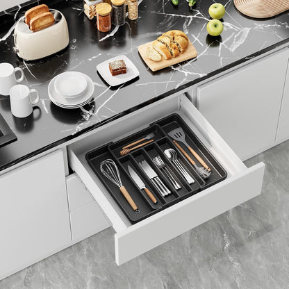 Silverware Organizer - Expandable Kitchen Drawer Organizer, Adjustable Utensil Organizer, Cutlery Tray for Forks, Knives, Multipurpose Kitchen Organizers and Storage Solution, Black, Medium