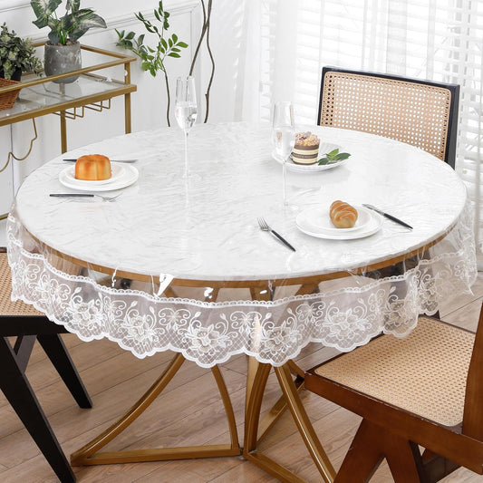 Clear round Plastic Tablecloth Protector with Lace around Waterproof Oil-Proof PVC Table Cloth Stain-Resistant Wipeable Table Cover for round Table