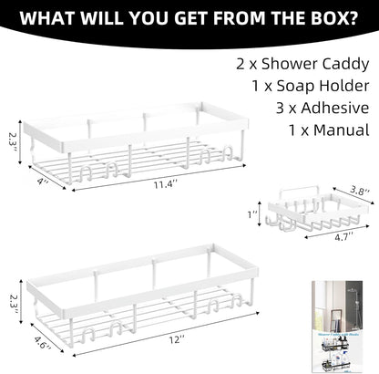 3-Pack Shower Caddy Basket Shelf with Soap Holder, No Drilling Traceless Adhesive Shower Wall Shelves, Rustproof White Bathroom Shower Storage Organizer