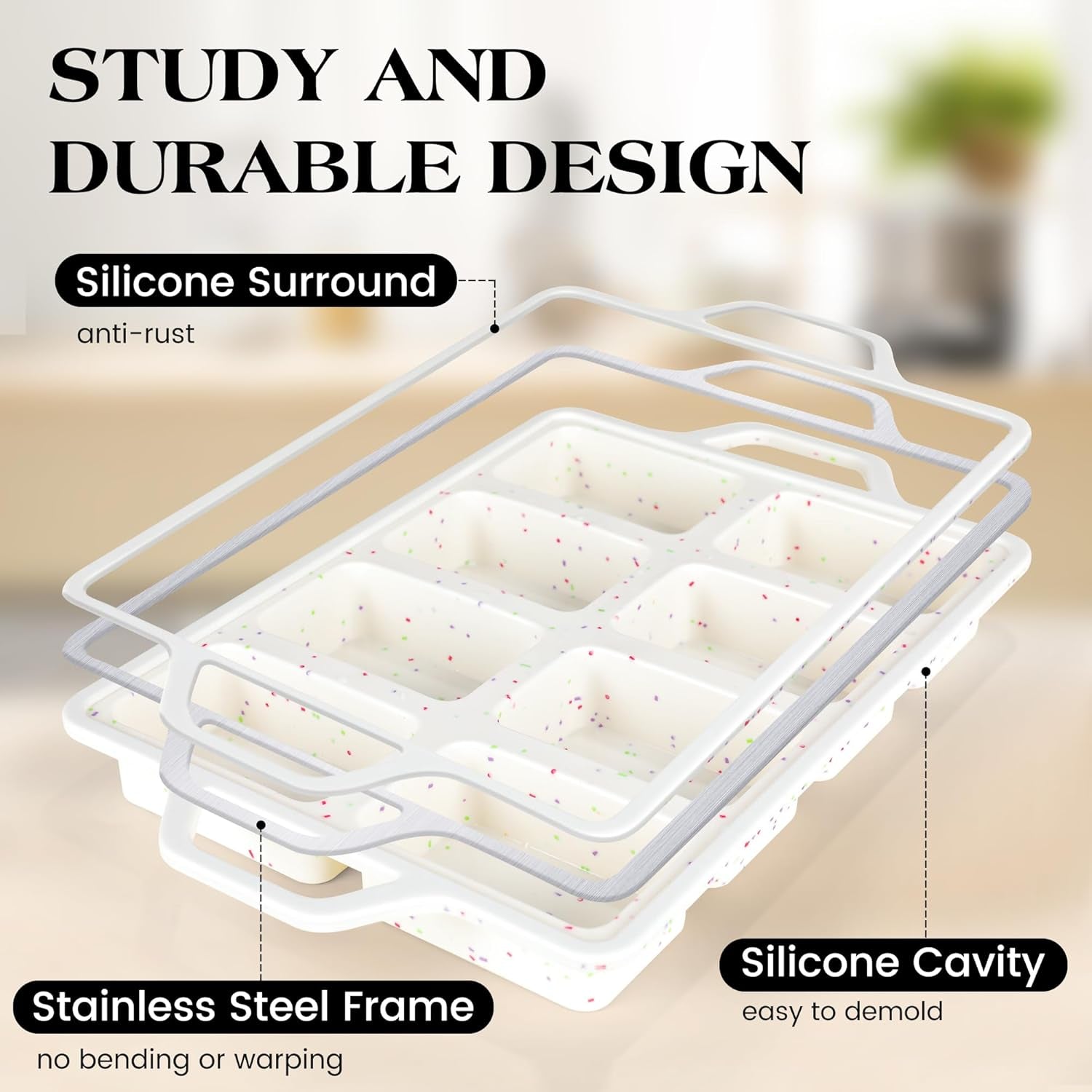 Set of 2 Mini Silicone Loaf Pans with Metal Reinforced Frame - Nonstick Small Bread and Meatloaf Baking Pans, 8 Cavity (Cream)