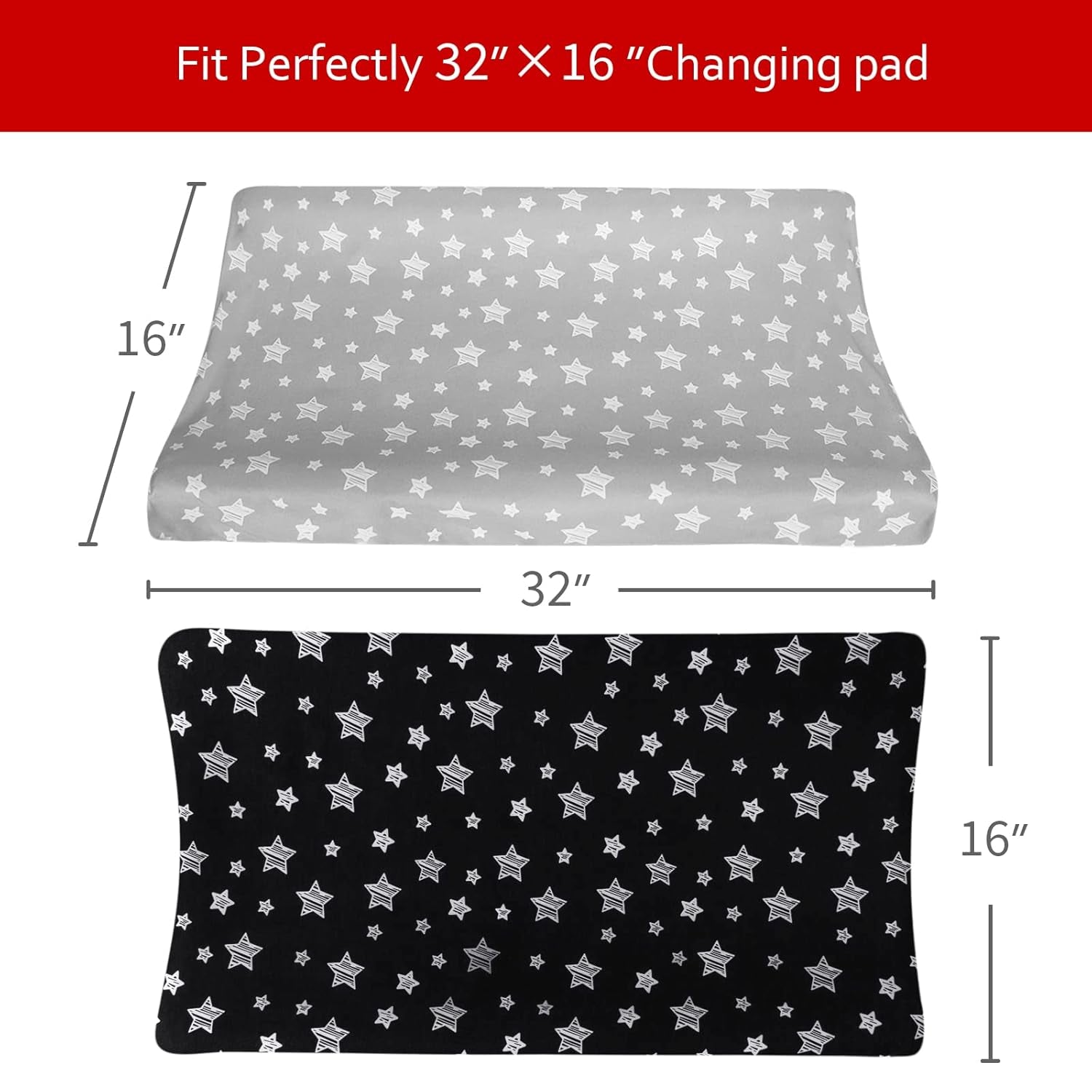 Changing Pad Cover for Boys Girls 2 Pack, Lovely Print Soft Unisex Diaper Change Table Sheets, Fit 32"X16" Contoured Pad, Comfy Cozy 2-Pack Cradle Sheets, Grey & Black