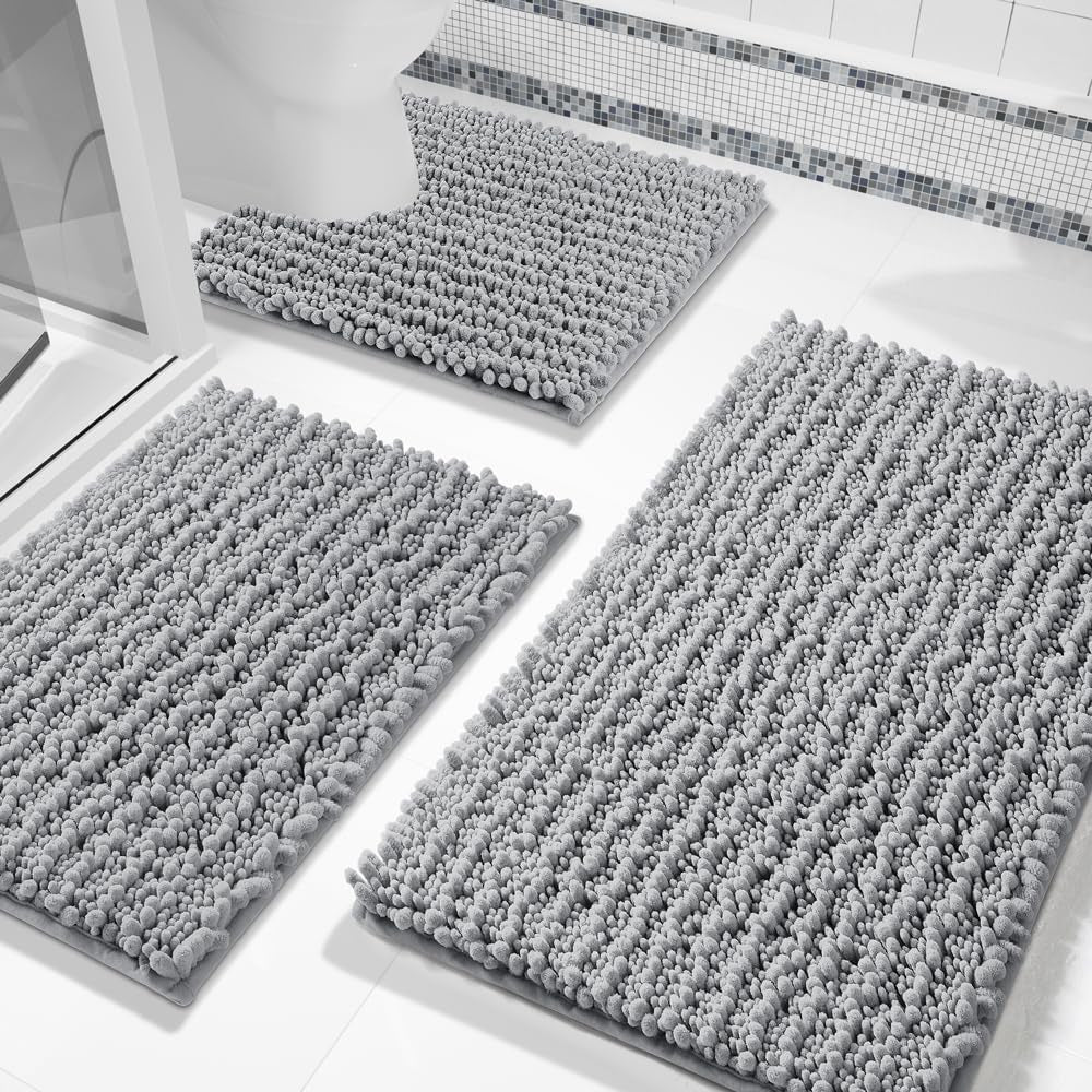 Bathroom Rug Set 3 Piece - Super Absorbent Quick Dry Chenille Bath Mats & Toilet Rug, Non Slip Machine Washable, Extra Thick Shaggy Floor Mat for Shower Tub Sink, Grey