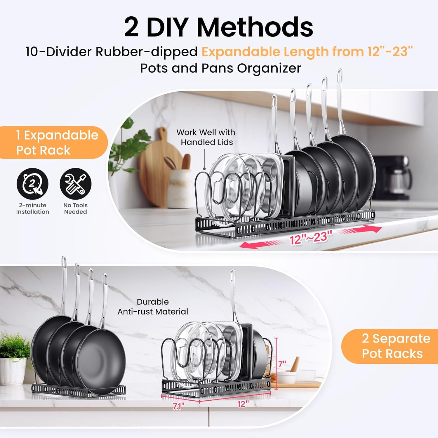 Expandable Pans and Pots Lid Organizer Rack for Cabinet - Rubber-Dipped Pan Organizer Rack for Kitchen Cabinet Organizers and Storage with 10 Adjustable Dividers and Anti-Scratch Strip