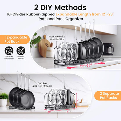 Expandable Pans and Pots Lid Organizer Rack for Cabinet - Rubber-Dipped Pan Organizer Rack for Kitchen Cabinet Organizers and Storage with 10 Adjustable Dividers and Anti-Scratch Strip