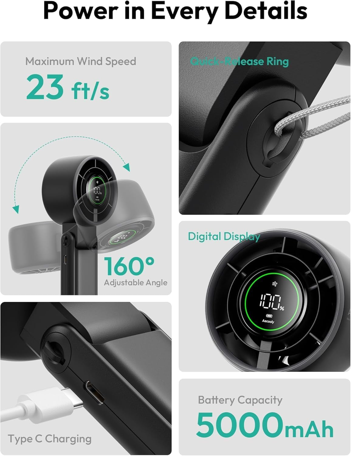 3 in 1 Portable Fan, Turbo Handheld Fan, USB Rechargeable Mini Personal [22H Max Cooling Time], Battery Powered Small Foldable Pocket for Travel, Summer, Gifts for Women, Girls -Black