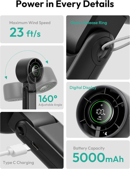 3 in 1 Portable Fan, Turbo Handheld Fan, USB Rechargeable Mini Personal [22H Max Cooling Time], Battery Powered Small Foldable Pocket for Travel, Summer, Gifts for Women, Girls -Black