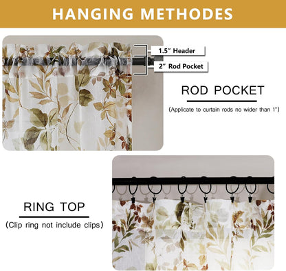 Crushed Sheer Curtains Tiers 36 Inch Length 2 Panels, Printed Design Small Half Curtains Kitchen Tiers Bathroom Cafe Bedroom Living Room, Light Filtering Curtain, 42"X36"