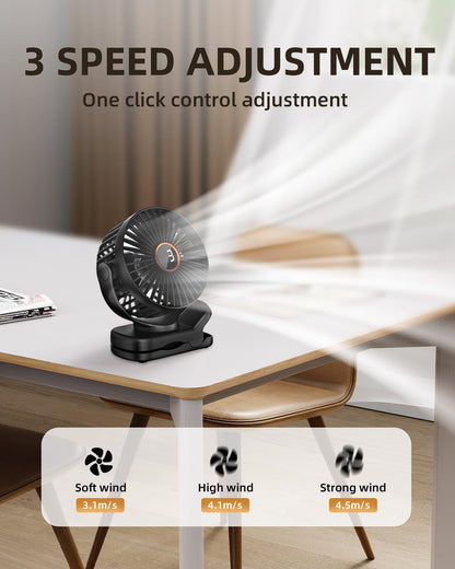 Mini Clip on Fan, Battery Operated Desk Fan, Digital Display，3 Speeds Adjustable, Bidirectional 360 ° Adjustable, Super Strong Wind, Portable Fan for Home Office Stroller Camping Black