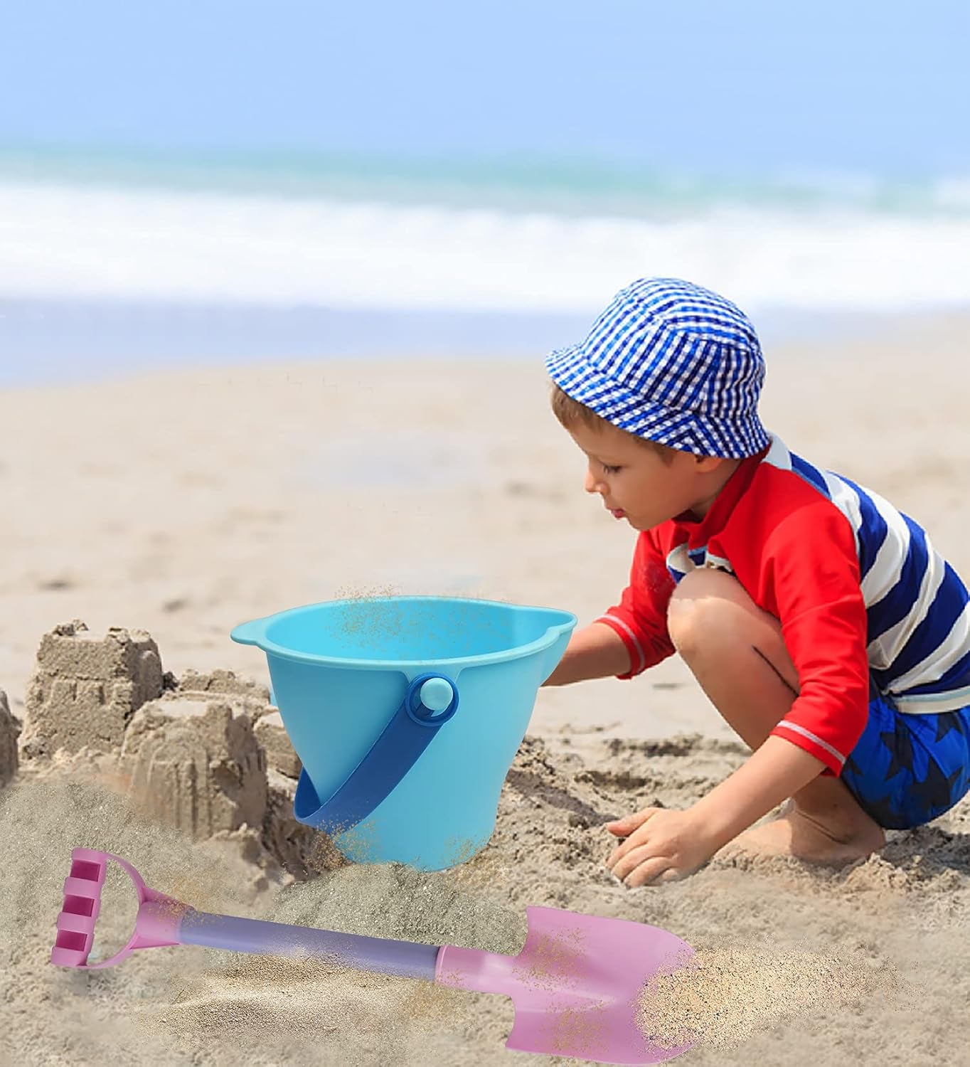 Long Shovels Sand Toys Set with Mesh Bag Including Dump Truck, Beach Buckets, Shovels, Rakes, Molds, Outdoor Beach Toys Tool Kit for Kids, Toddlers, Boys and Girls (15 PCS) Age 3+