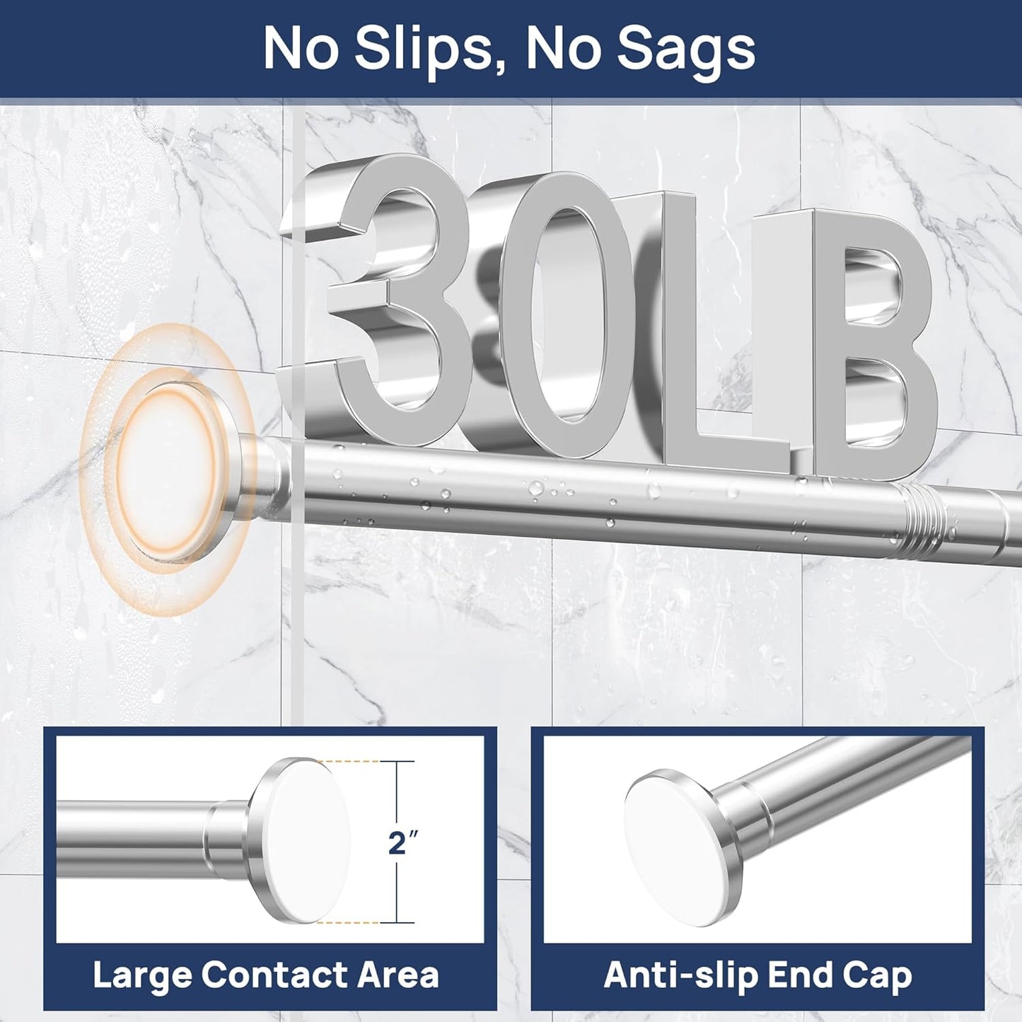 Shower Curtain Rod 33 to 72 Inches, 1 Inch Stainless Steel Adjustable Spring Tension Rods No Drill for Bathroom, Closet, Window, Room Divider, Never Rust, Non Slip, Chrome