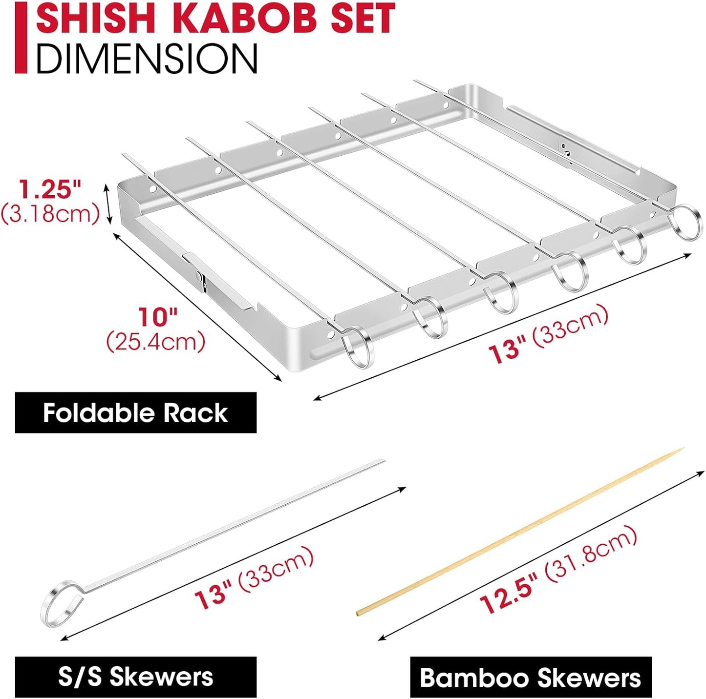 Stainless Steel BBQ Shish Kabob Set, Foldable Shish Kabob Holder with 6Pcs 13"L Skewers, Reusable Grill Rack, Comes with 30Pcs 12.5"L Bamboo Skewers for Party and Cookout