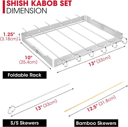 Stainless Steel BBQ Shish Kabob Set, Foldable Shish Kabob Holder with 6Pcs 13"L Skewers, Reusable Grill Rack, Comes with 30Pcs 12.5"L Bamboo Skewers for Party and Cookout
