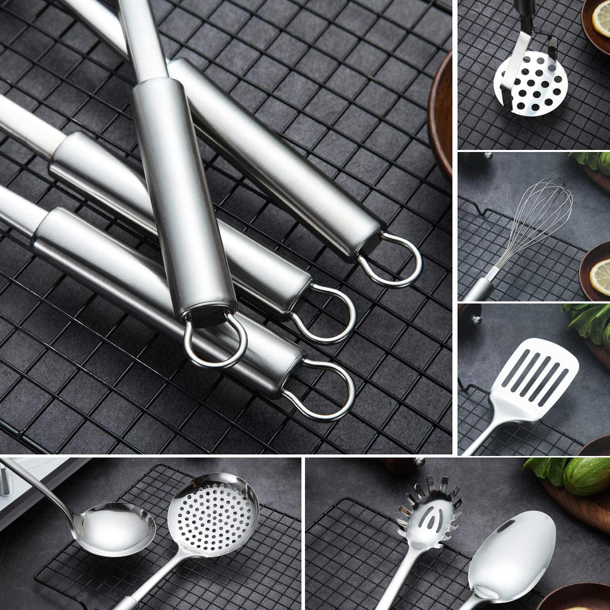 8-Piece Stainless Steel Cooking Utensil Set with Stand, Including Slotted Turner, Ladle, Skimmer, Serving Spoon, Pasta Server, Potato Masher, and Egg Whisk
